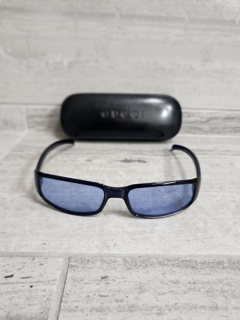 Vintage Gucci Slim Rectangular Sunglasses with Blue Lenses